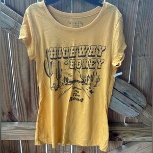 New Wound Up Highway Honey Always On the Road Short Sleeve Golden Yellow Tee Lg